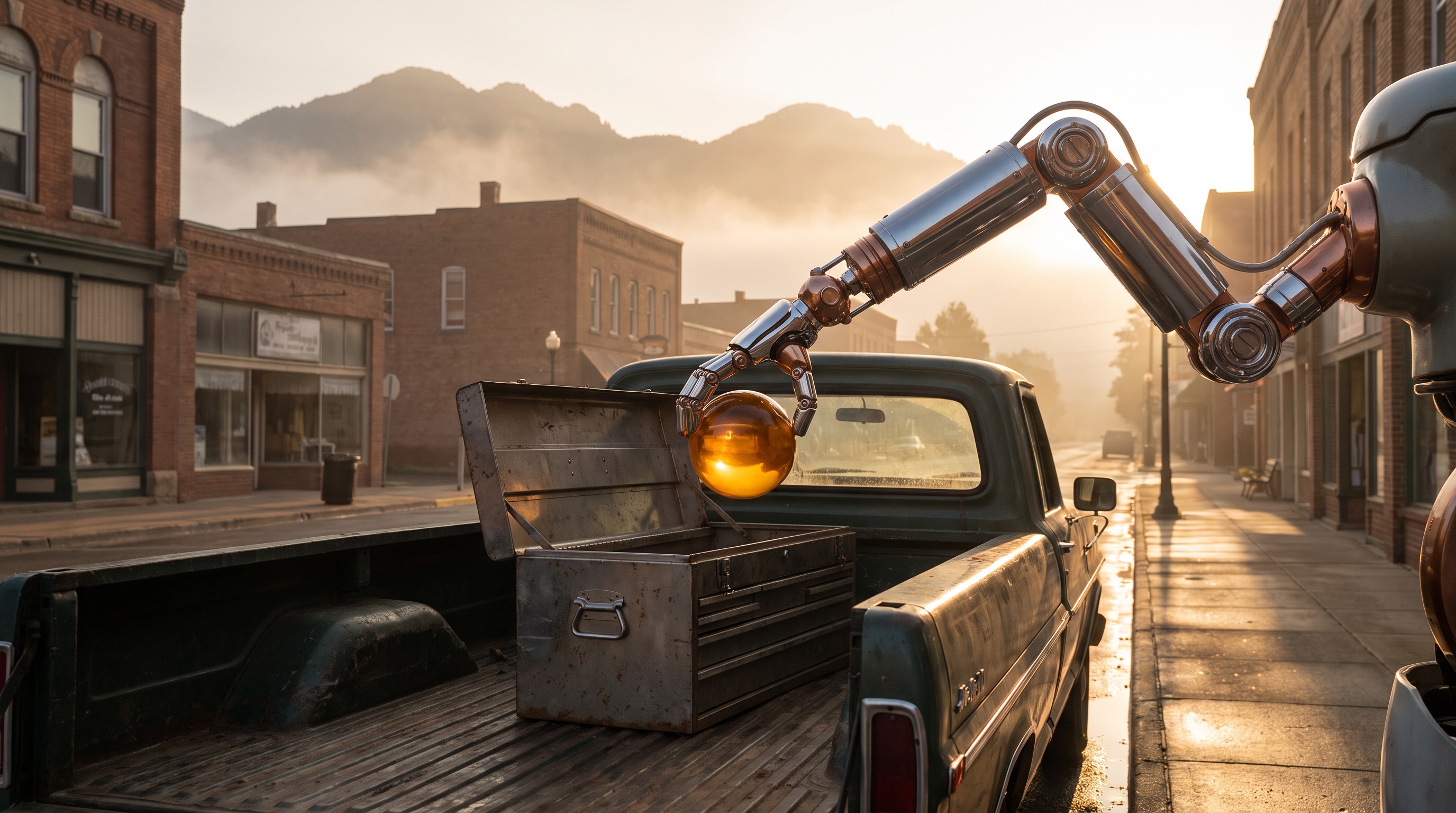 A robotic arm places a glowing orange orb into a toolbox on a small-town work truck at dawn.