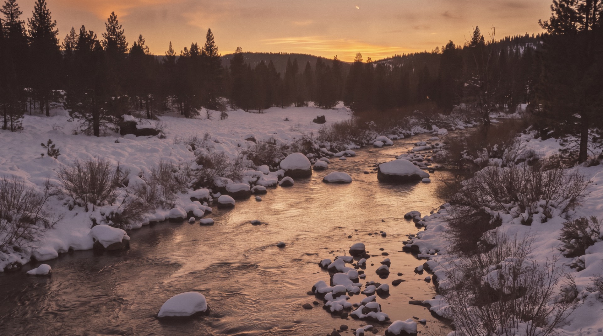 Snowy Truckee River at dusk