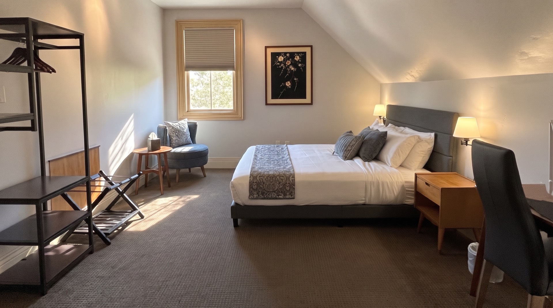 King guest room in warm light