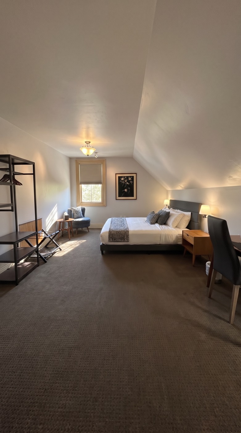 King guest room in warm light