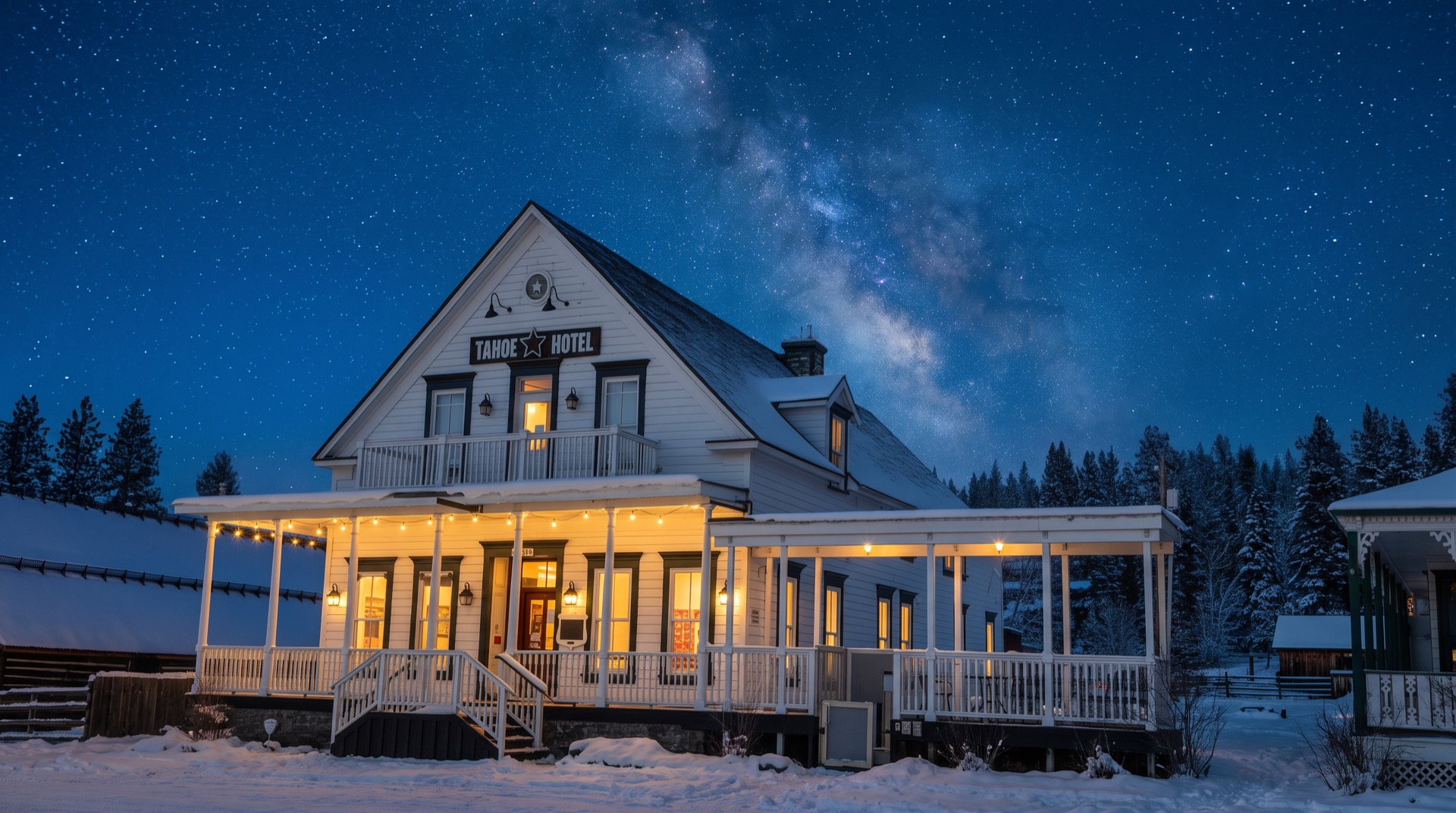The Tahoe Star Hotel under a starry winter sky