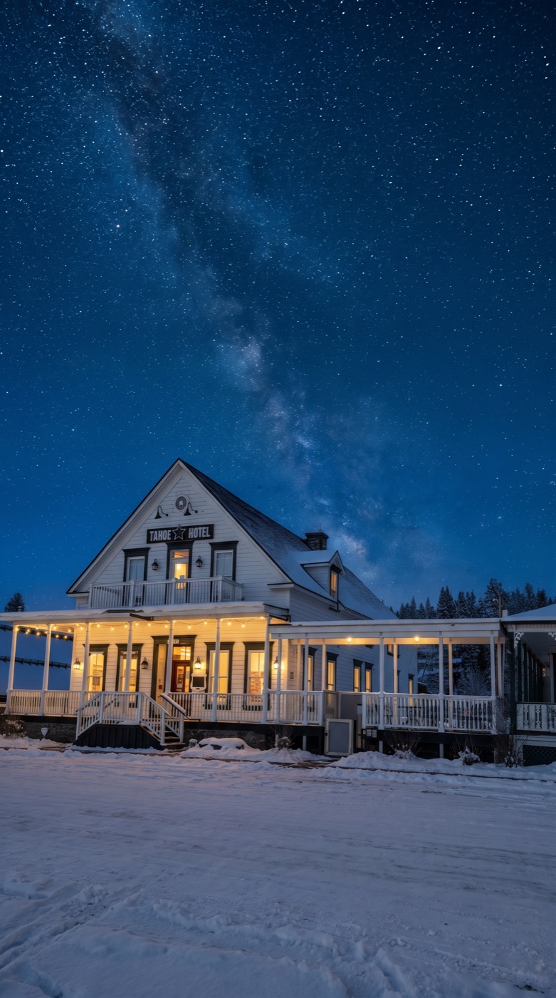 The Tahoe Star Hotel under a starry winter sky