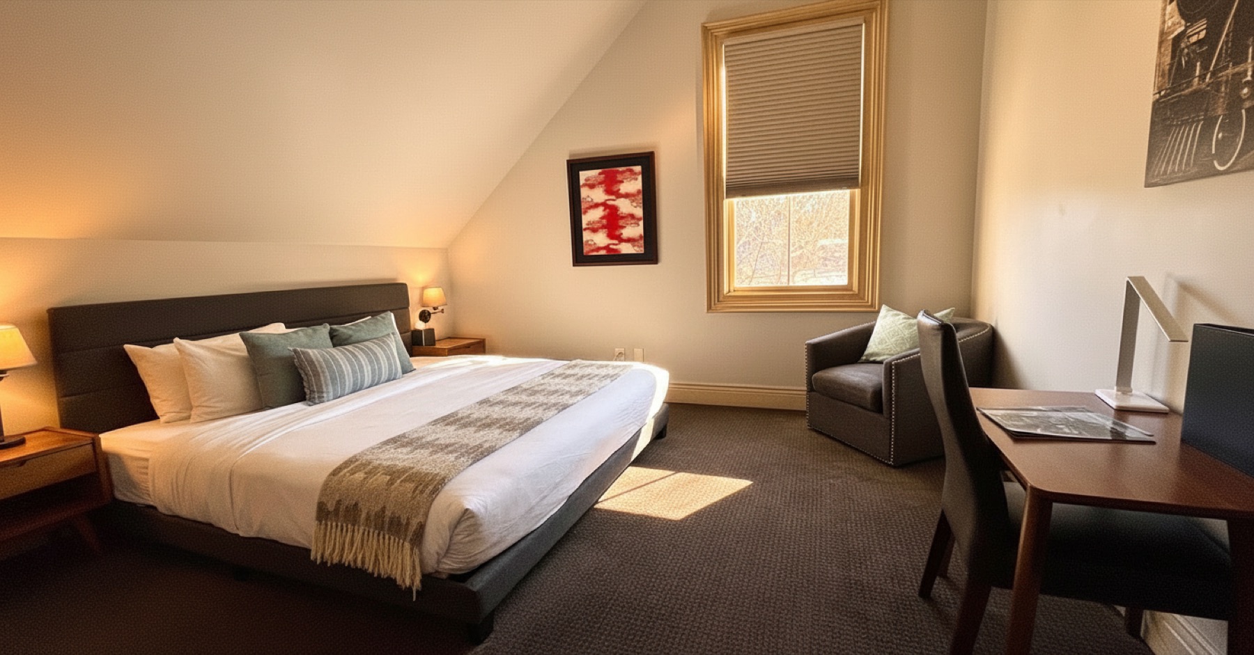 King room with gray upholstered headboard and golden window light