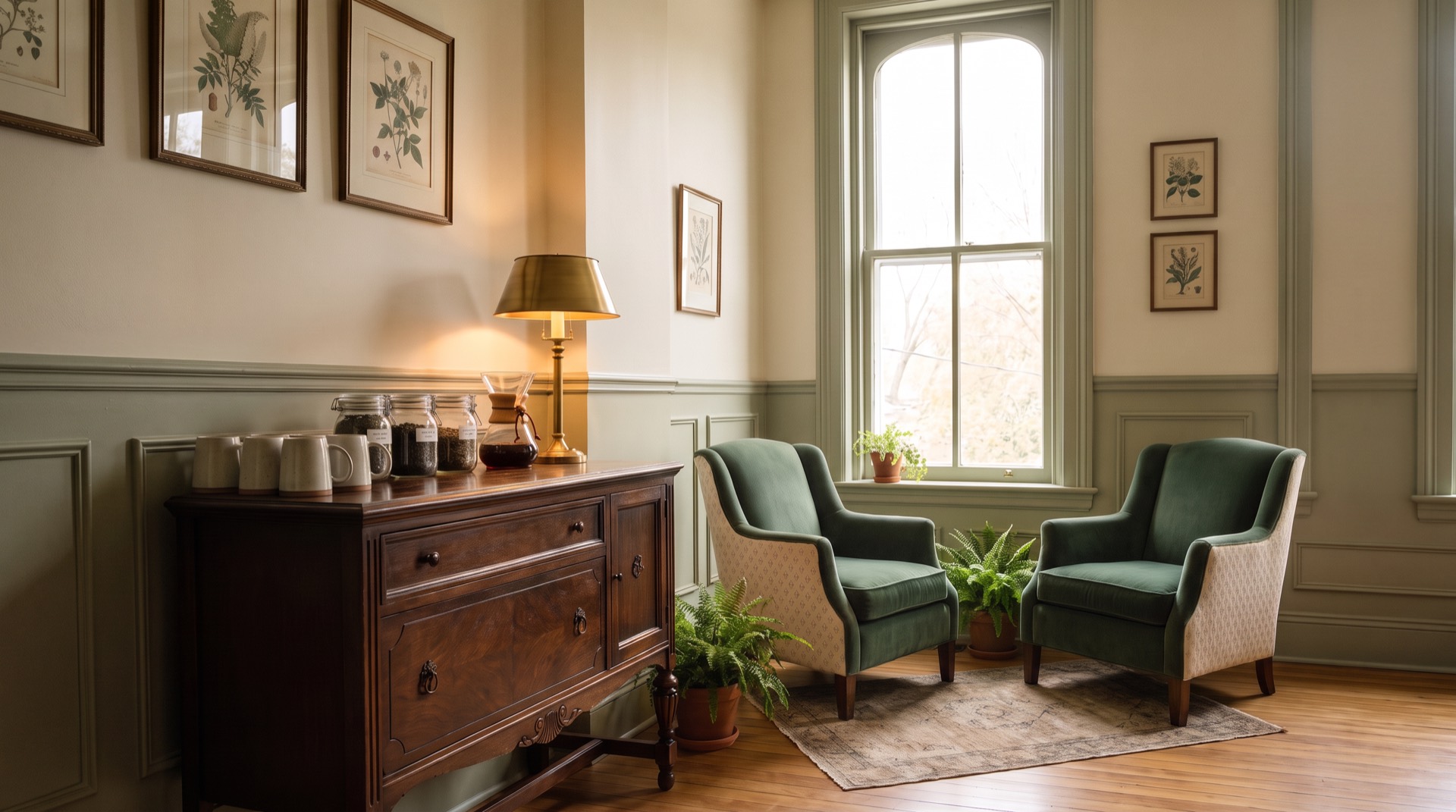 The hotel parlor with warm lamplight