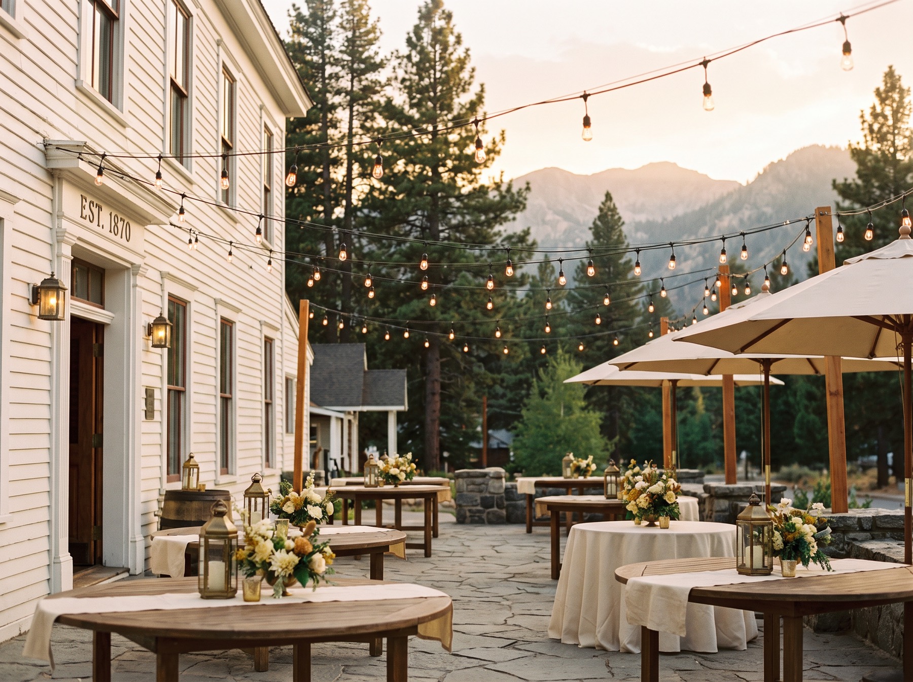 The hotel patio set for a celebration dinner under string lights