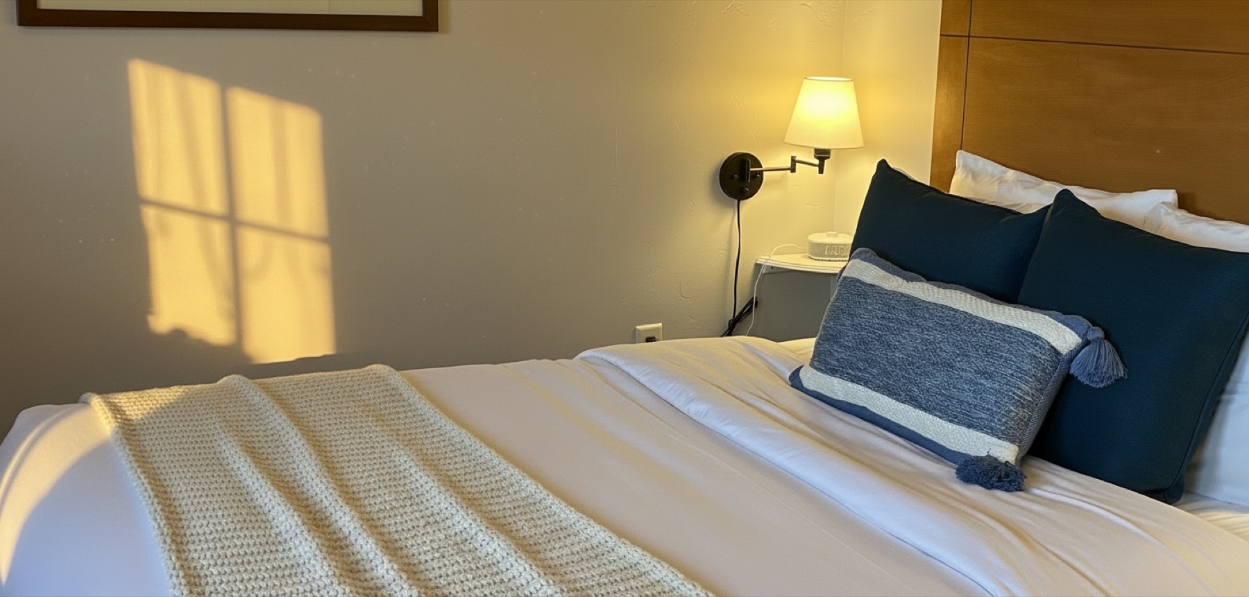 Queen room with white linens and blue accent pillows in warm lamplight