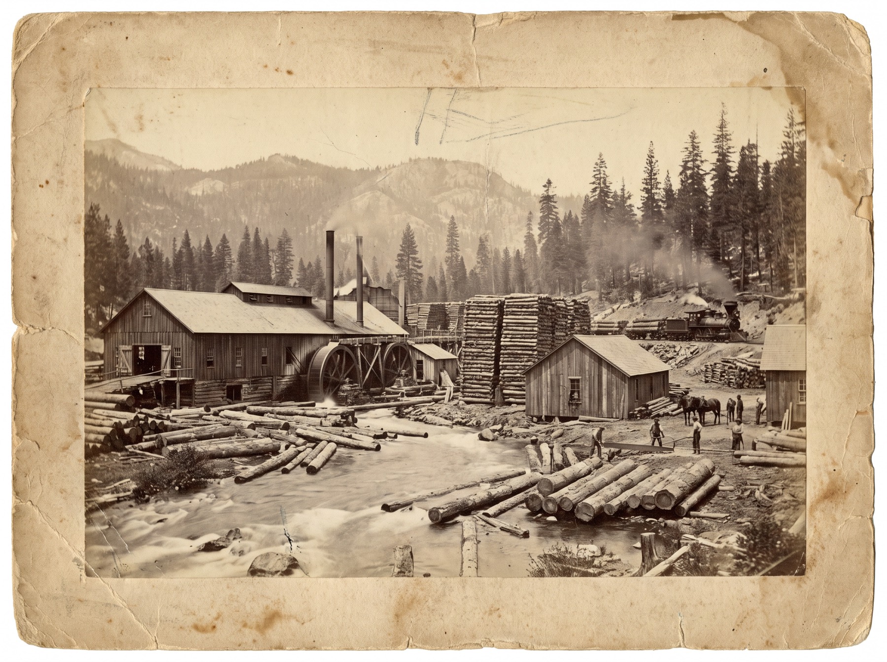 Archival-style view of 1870s Truckee, a Sierra lumber town on the river