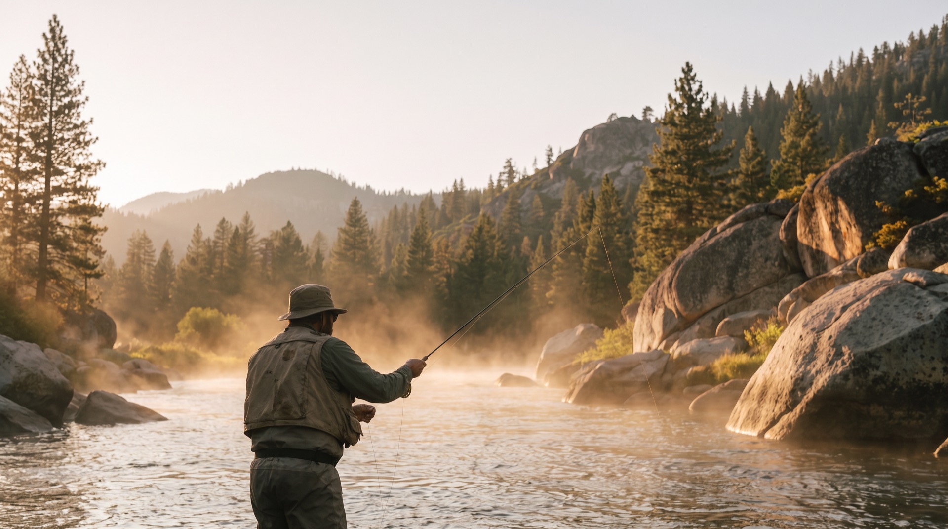 Fly fisherman casting on the Truckee River
