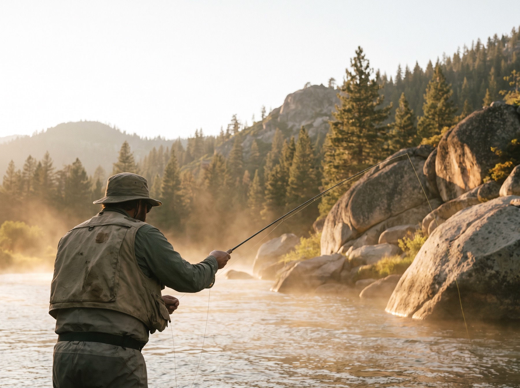 Fly fishing on the Truckee River at golden hour