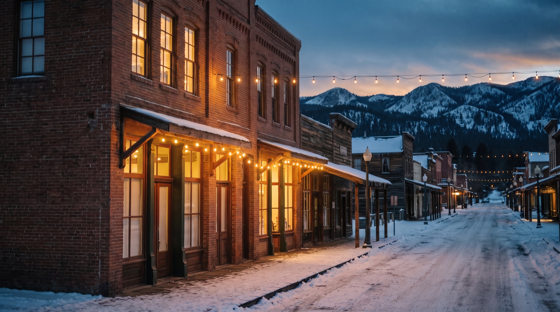 Downtown Truckee storefronts at twilight