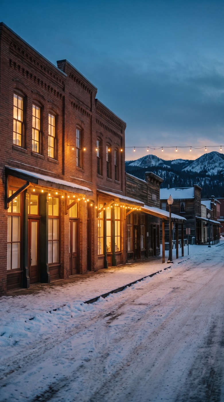Downtown Truckee storefronts at twilight