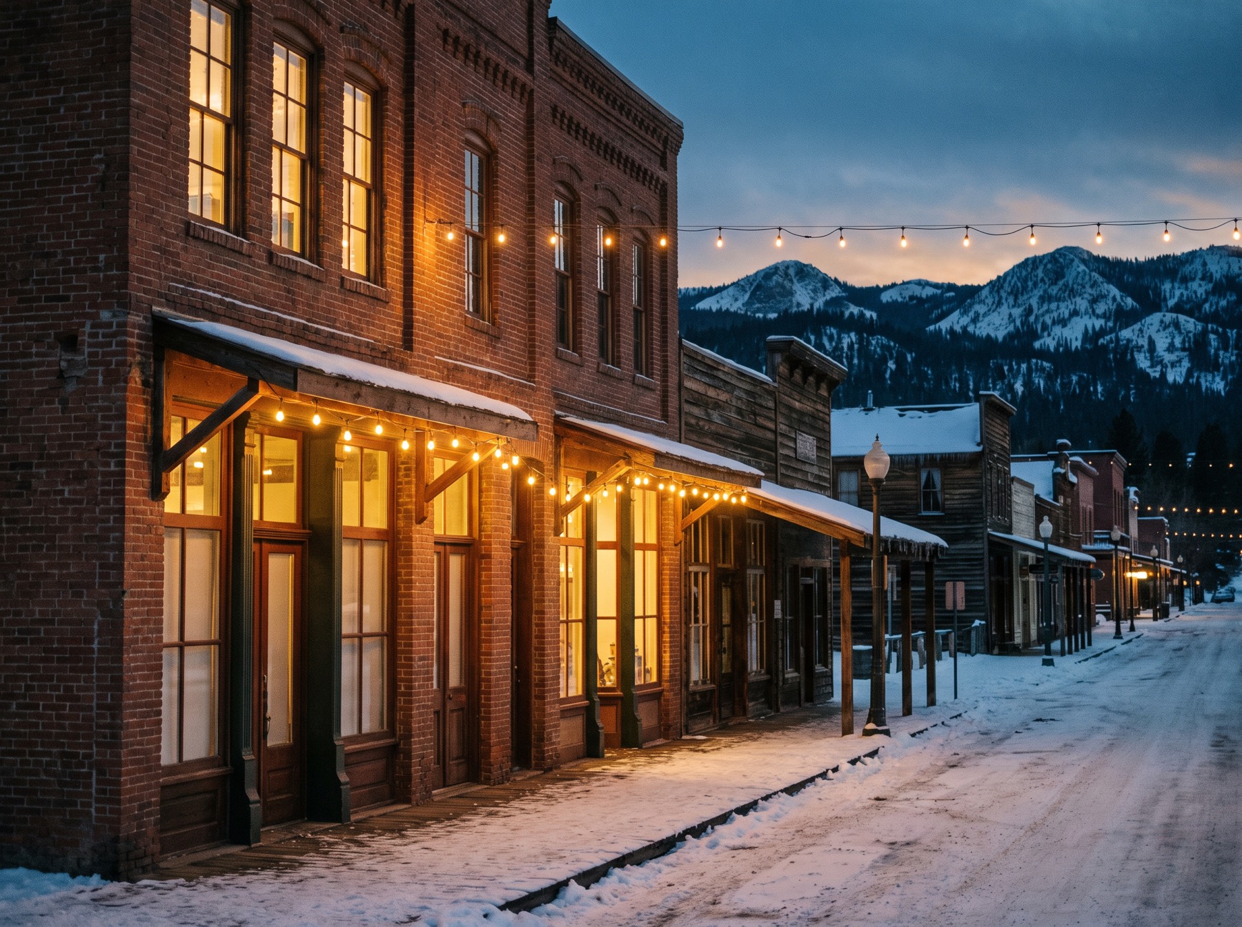 Historic downtown Truckee storefronts glowing at twilight