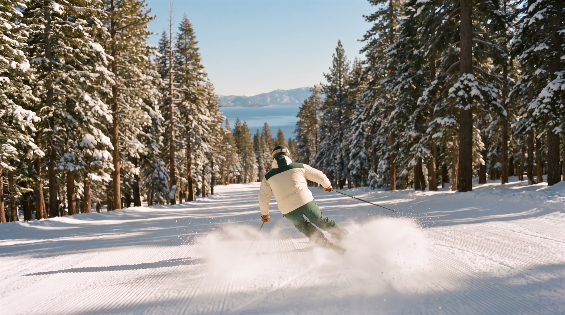 Skier carving high above Lake Tahoe at Palisades