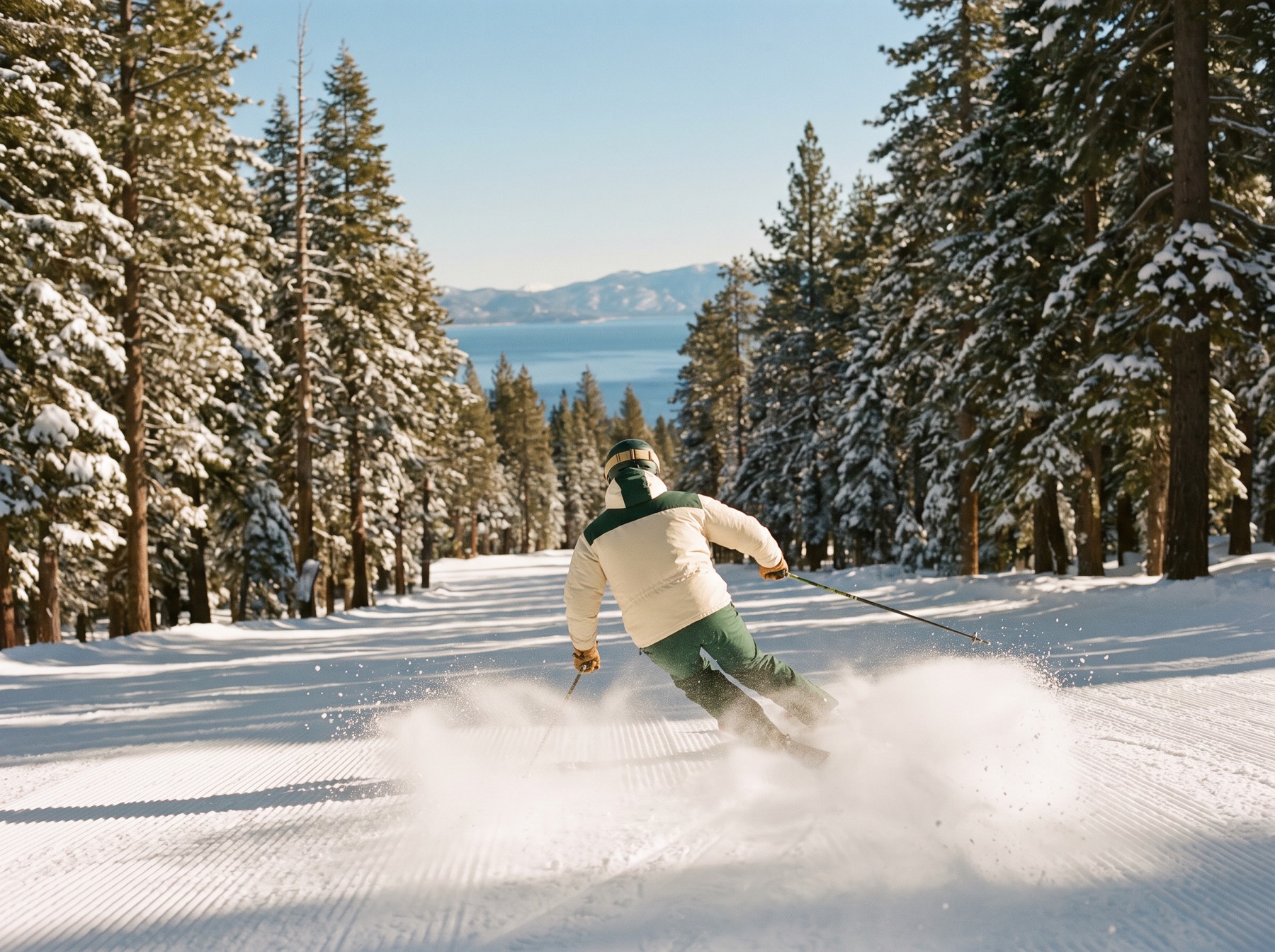 Skier carving powder above Lake Tahoe