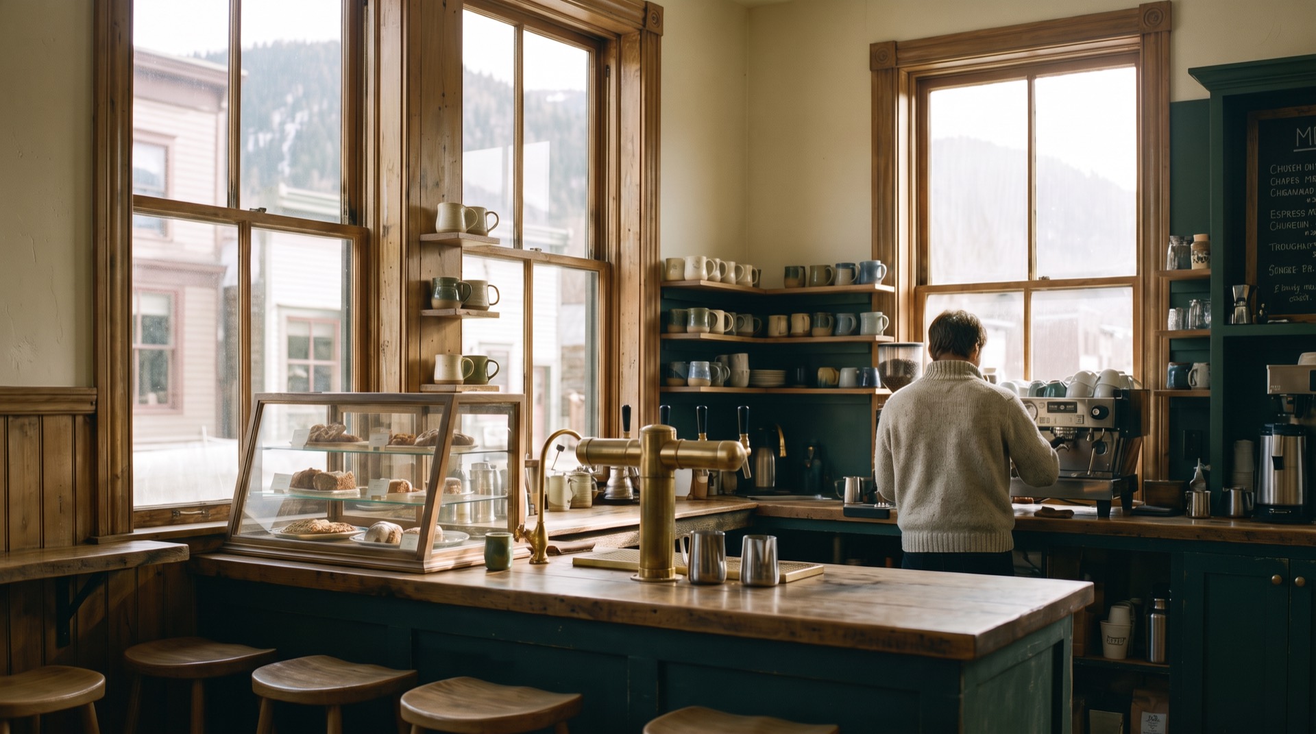 Cozy coffee shop with espresso bar and pastries
