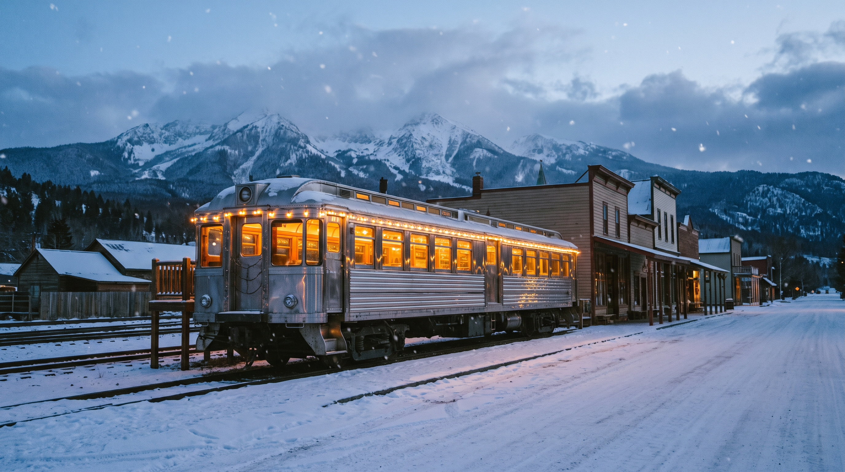 Classic railcar diner glowing at dusk beside the tracks