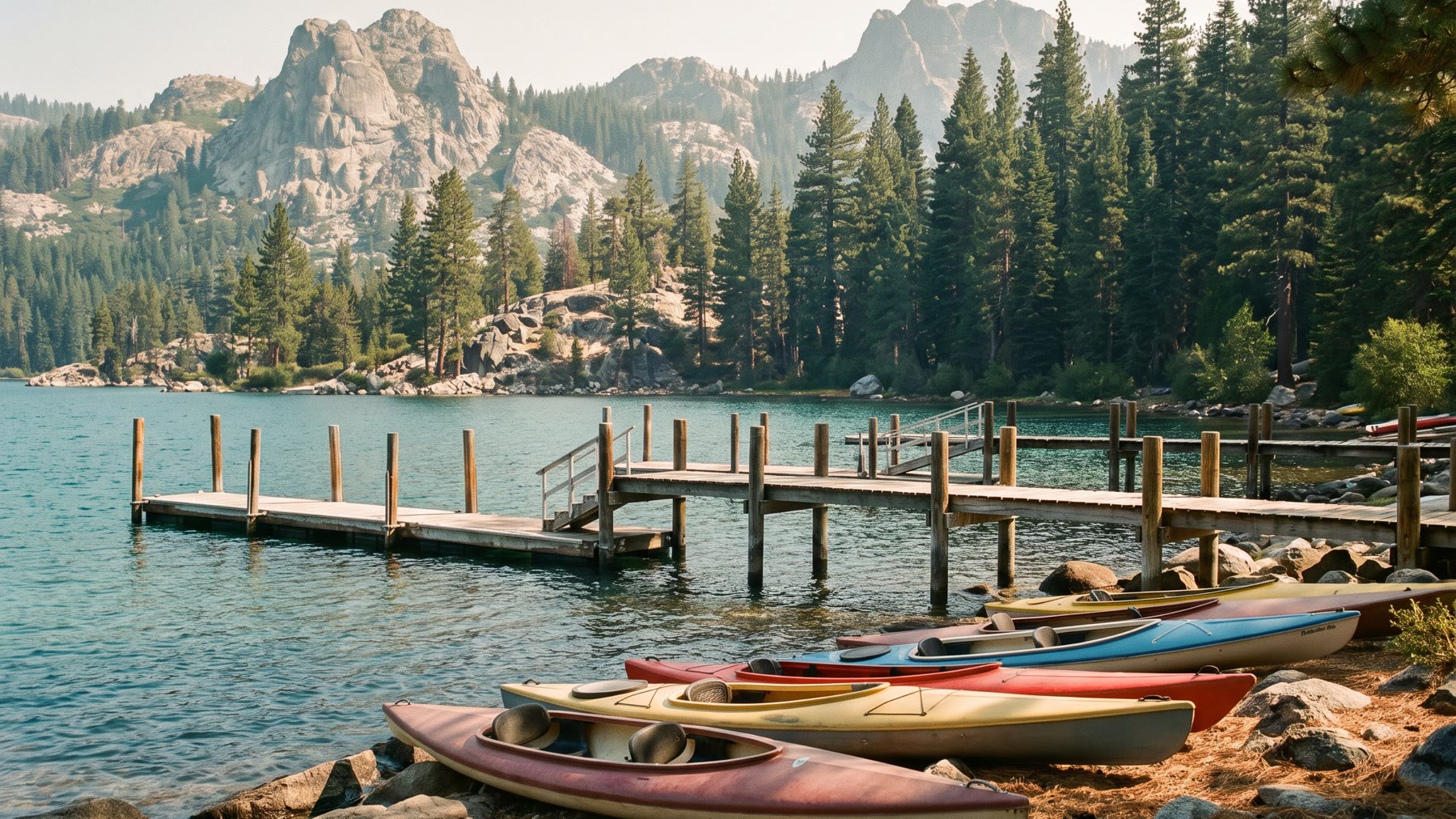 Wooden piers on a clear alpine lake