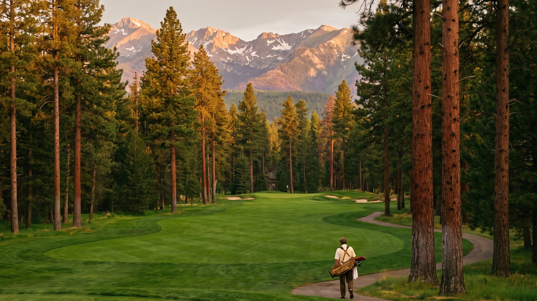 Golf fairway winding between tall pines