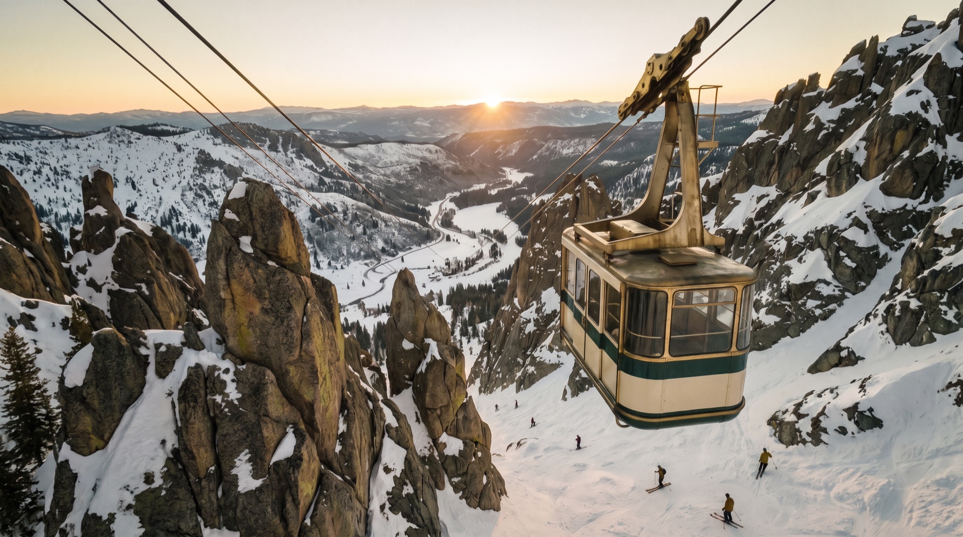 Aerial tram rising over granite peaks above a snowy alpine valley