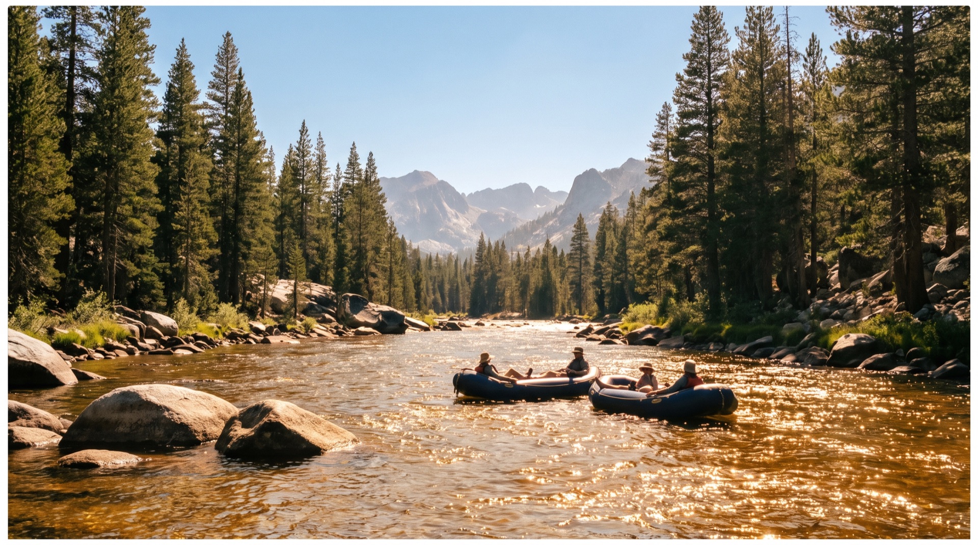 Rafts floating a sparkling river through pine forest