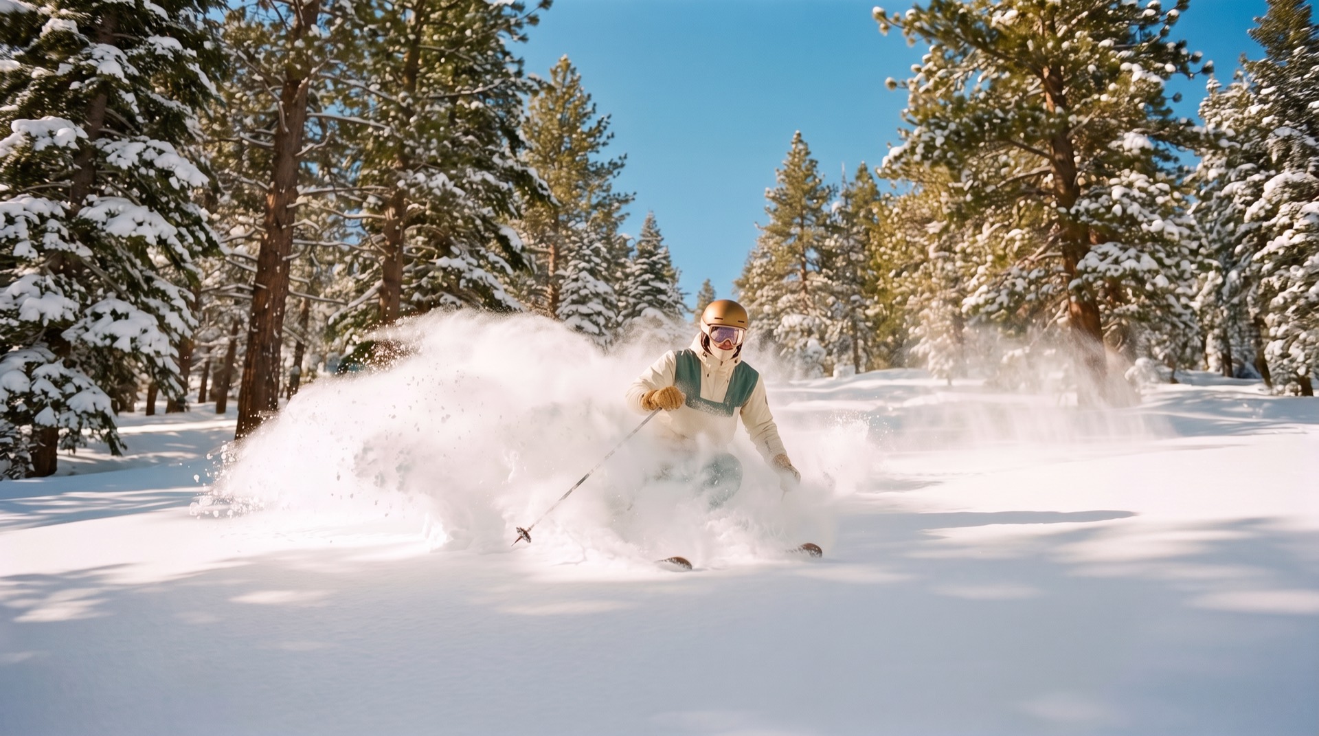 Skier in deep powder between snowy pines