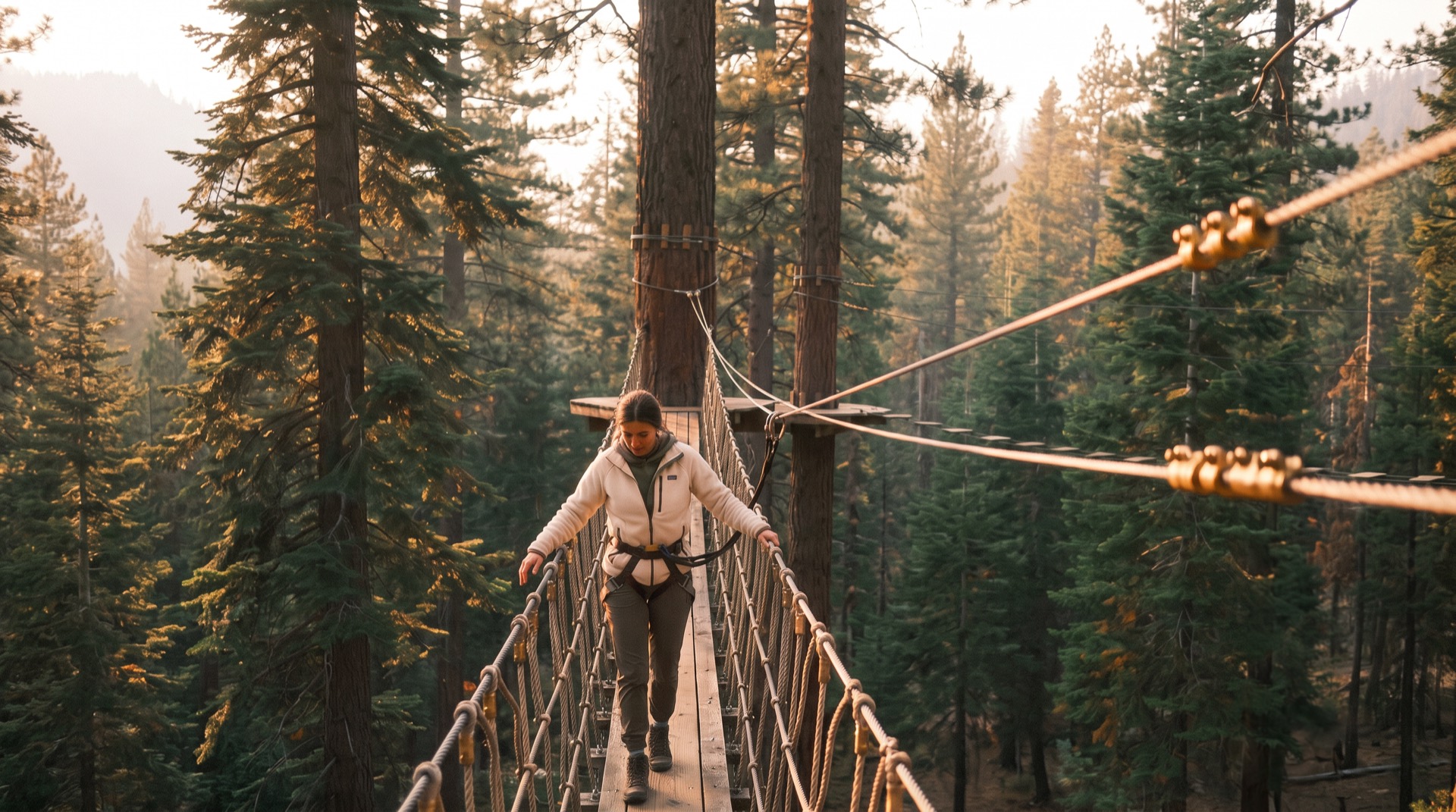 Rope bridge high in the pine canopy