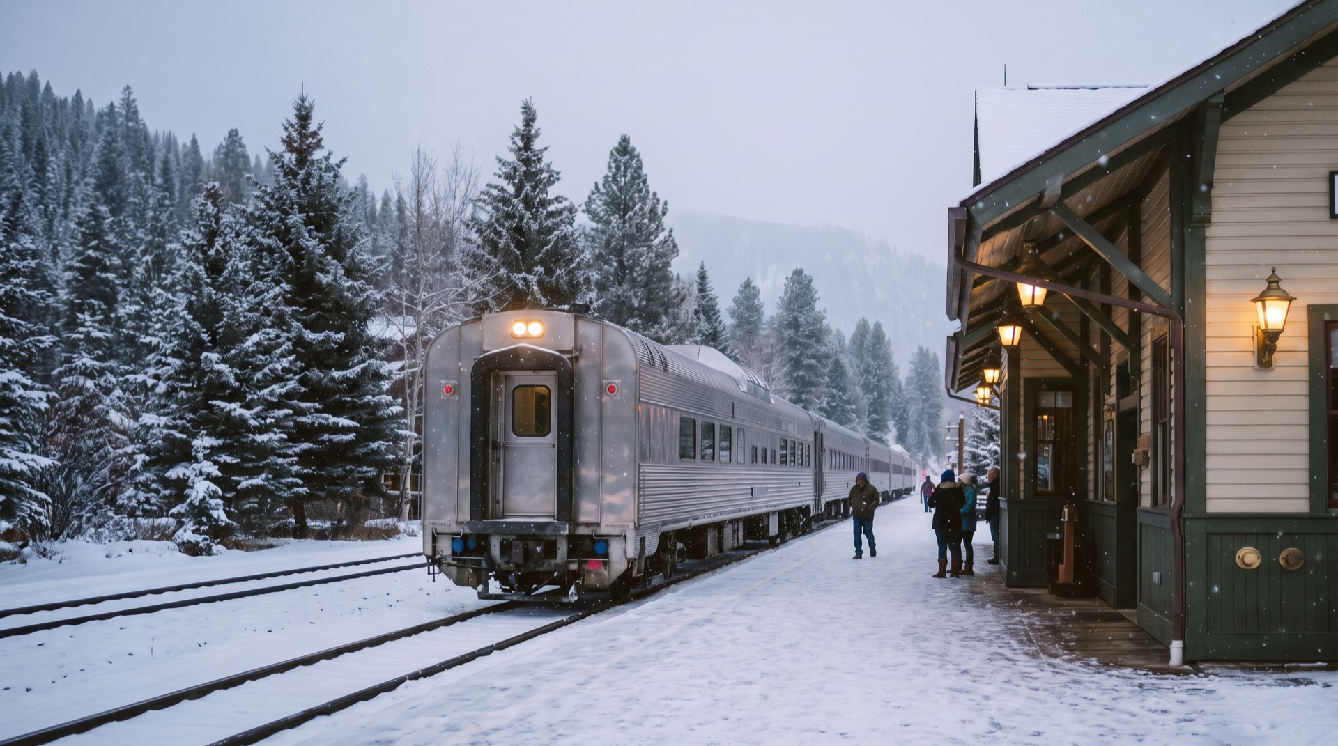 Passenger train arriving at a snowy mountain depot